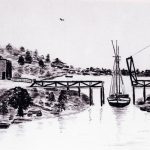The channel dredging and widening of late summer 1873 necessitated removal of the first bridge. Nine months passed before another appeared. Its roadbed stood at approximately the height of today’s bridge. On the south bank stood a tripod of logs that held a fourth, upright log capped by a pulley. The roadbed’s hinged central portion was tied to a rope that led over the pulley and down to a winch manned by six people, often recruited off their barstools from Pine River’s one saloon. Bridge number two fell apart in 1877. Digging for a new one started in March of 1878. Second Bridge