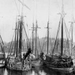 Schooners line up at the Antrim Street dock. From left: Fearless, Black Hawk, Linerla, Peoria, and the Chippewa. Antrim Street dock
