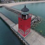 Drone photograph taken after repainting on the South Pier Light had completed, Summer 2016. Photo used with permission by Mihm Enterprises.